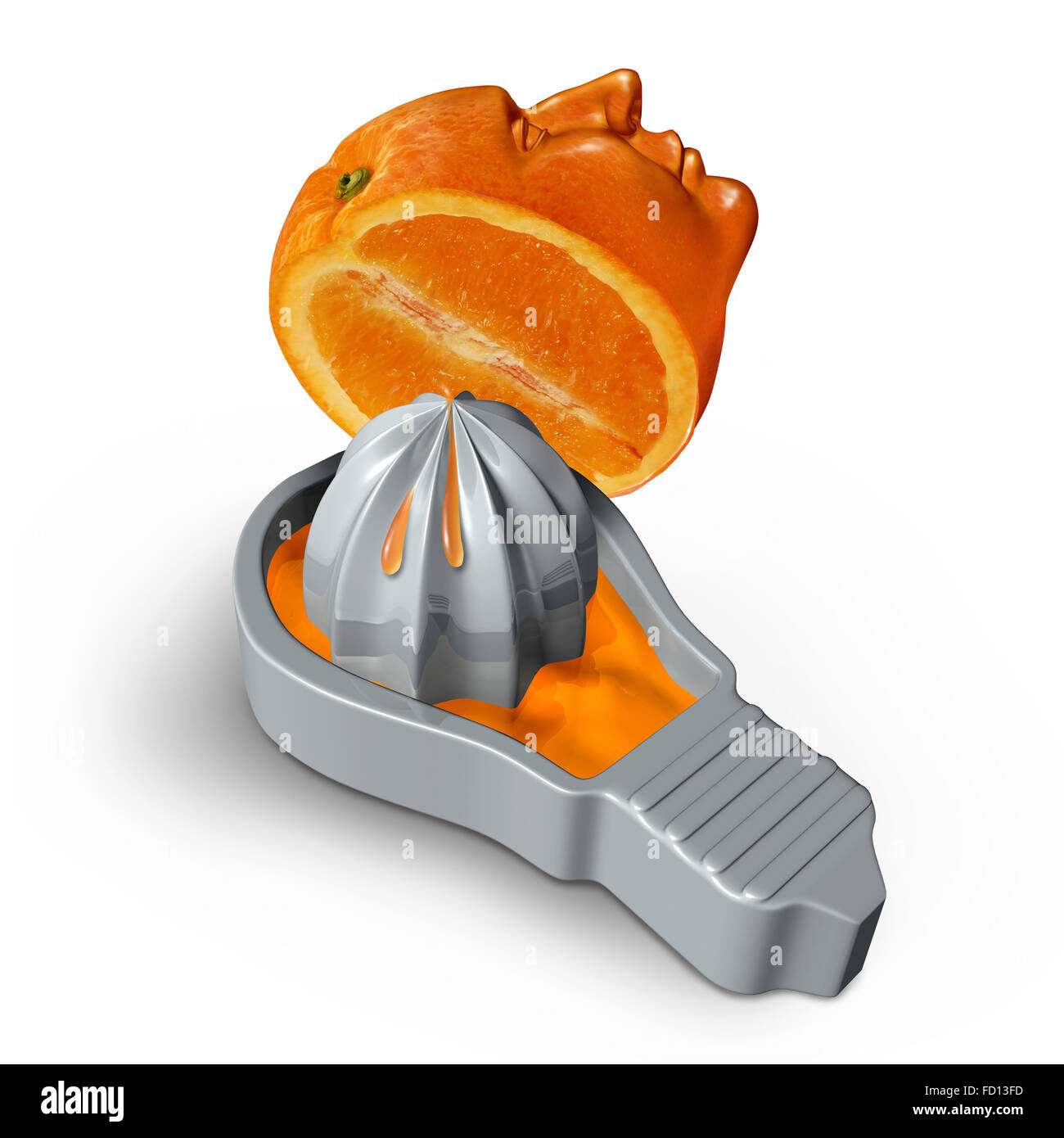 Creatività e creative juice nozione come un arancio a forma di una testa umana che vengono schiacciati in una centrifuga avente la forma di una lampadina elettrica o la lampadina come simbolo di fantasia e idea ispirazione o l innovazione e la fuga di cervelli. Foto Stock