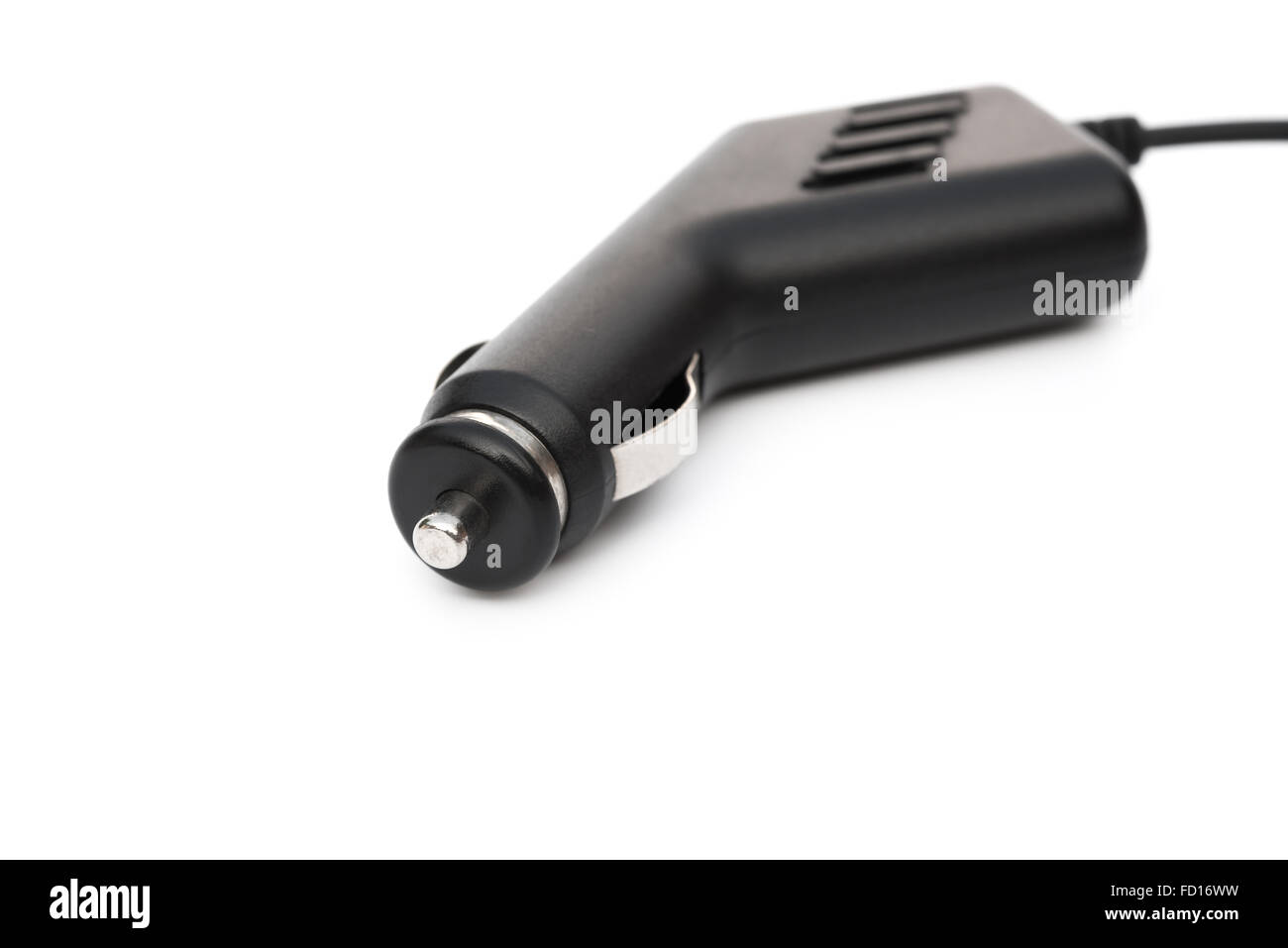 Nero caricabatterie da auto plug su sfondo bianco Foto Stock