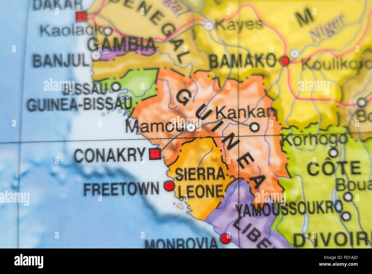 Foto di una mappa della Repubblica di Guinea e la capitale Conakry . Foto Stock