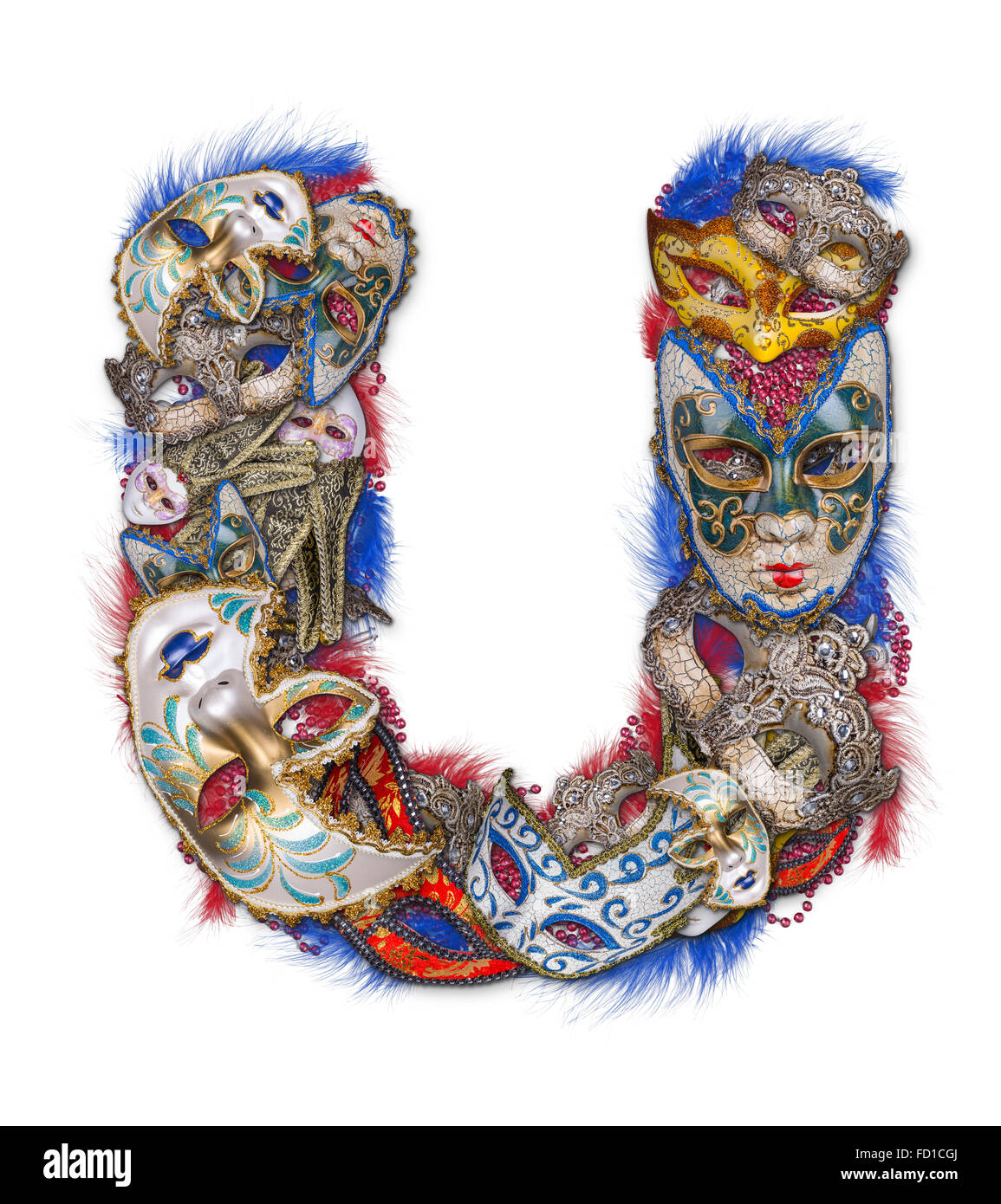 Lettera U fatta di maschera di Carnevale e piuma Foto Stock