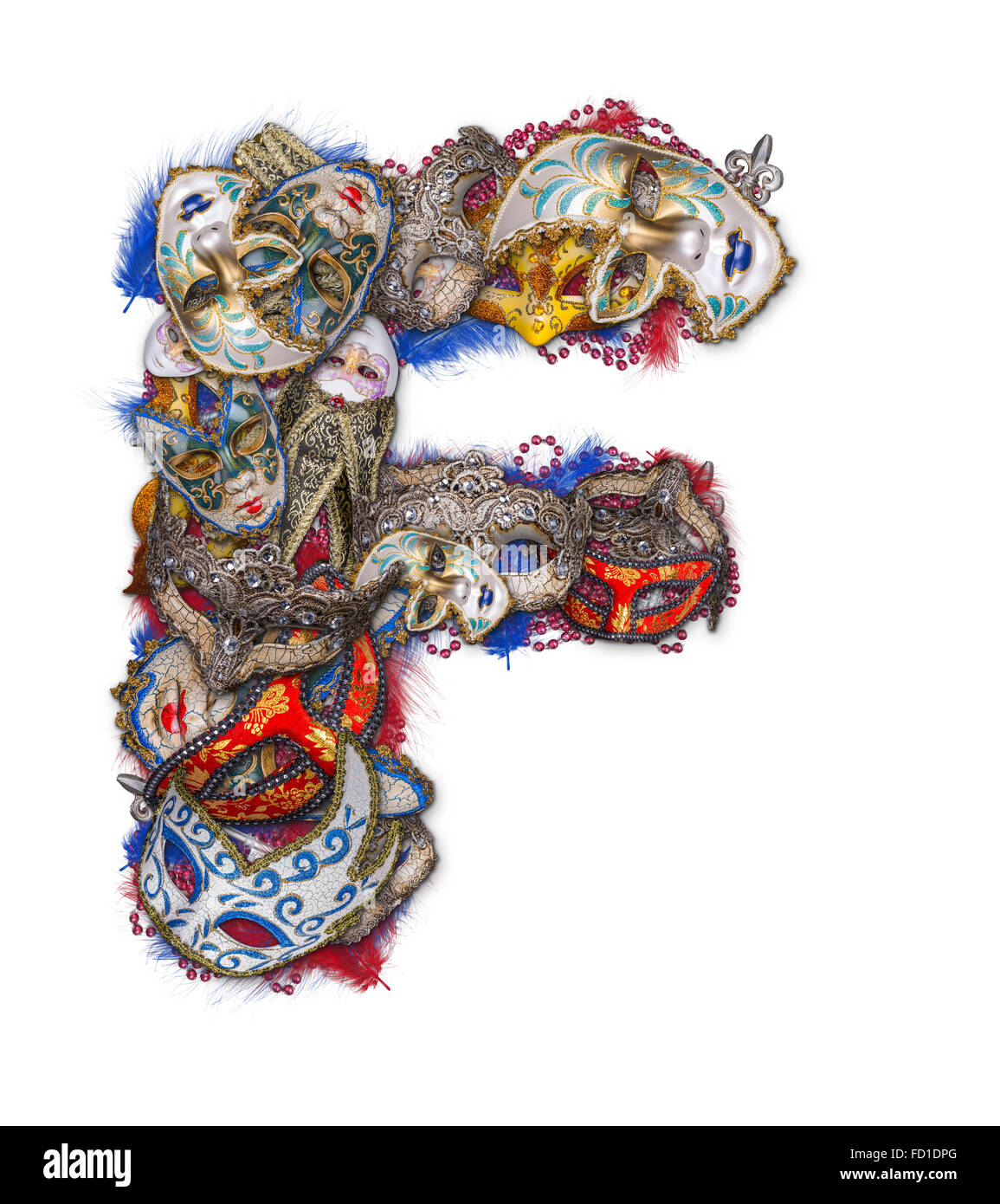 Lettera F fatto di maschera di Carnevale e piuma Foto Stock