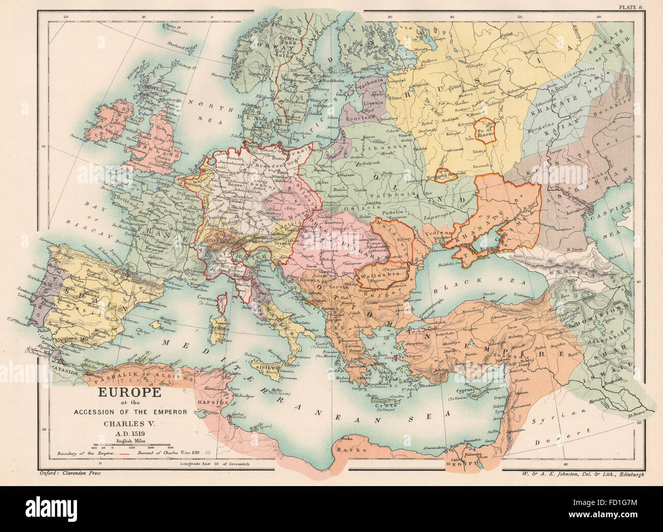 Sacro romano impero 1519: Europa al momento dell'adesione dell'Imperatore Carlo V, 1902 Mappa Foto Stock