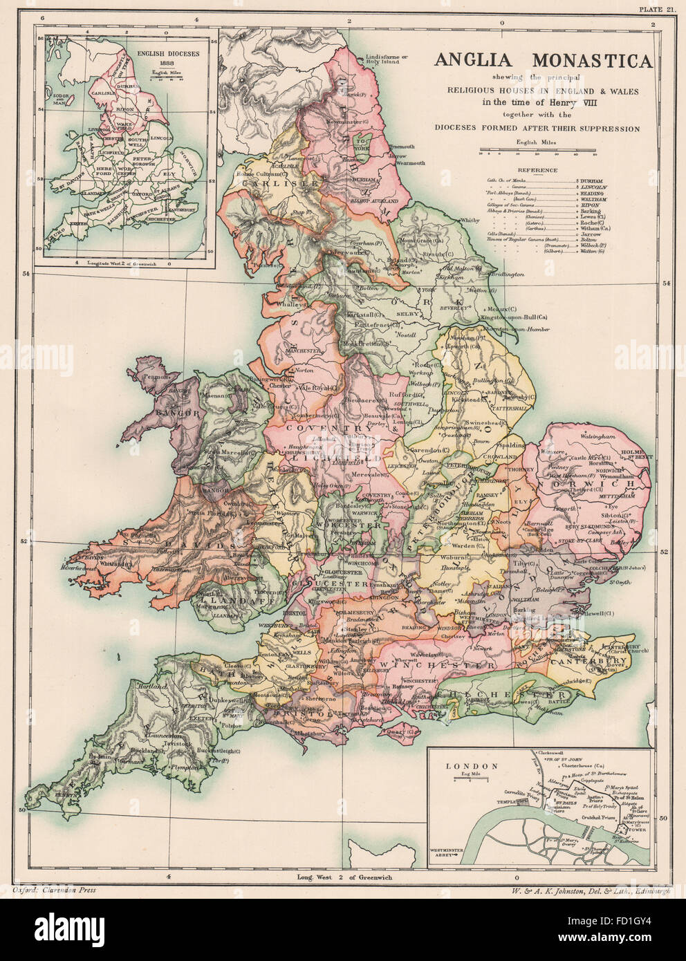 La dissoluzione dei monasteri: Inghilterra. Henry VIII. Diocesi formate, 1902 mappa vecchia Foto Stock