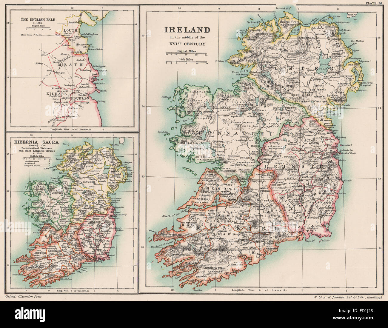 Nel XVI secolo l'Irlanda: Inset il pallido inglese 1515 & Hibernia Sacra 1500 1902 Mappa Foto Stock