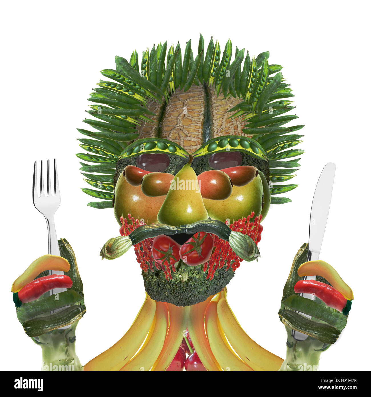 Uomo vegetale con coltello e forchetta isolato su bianco Foto Stock