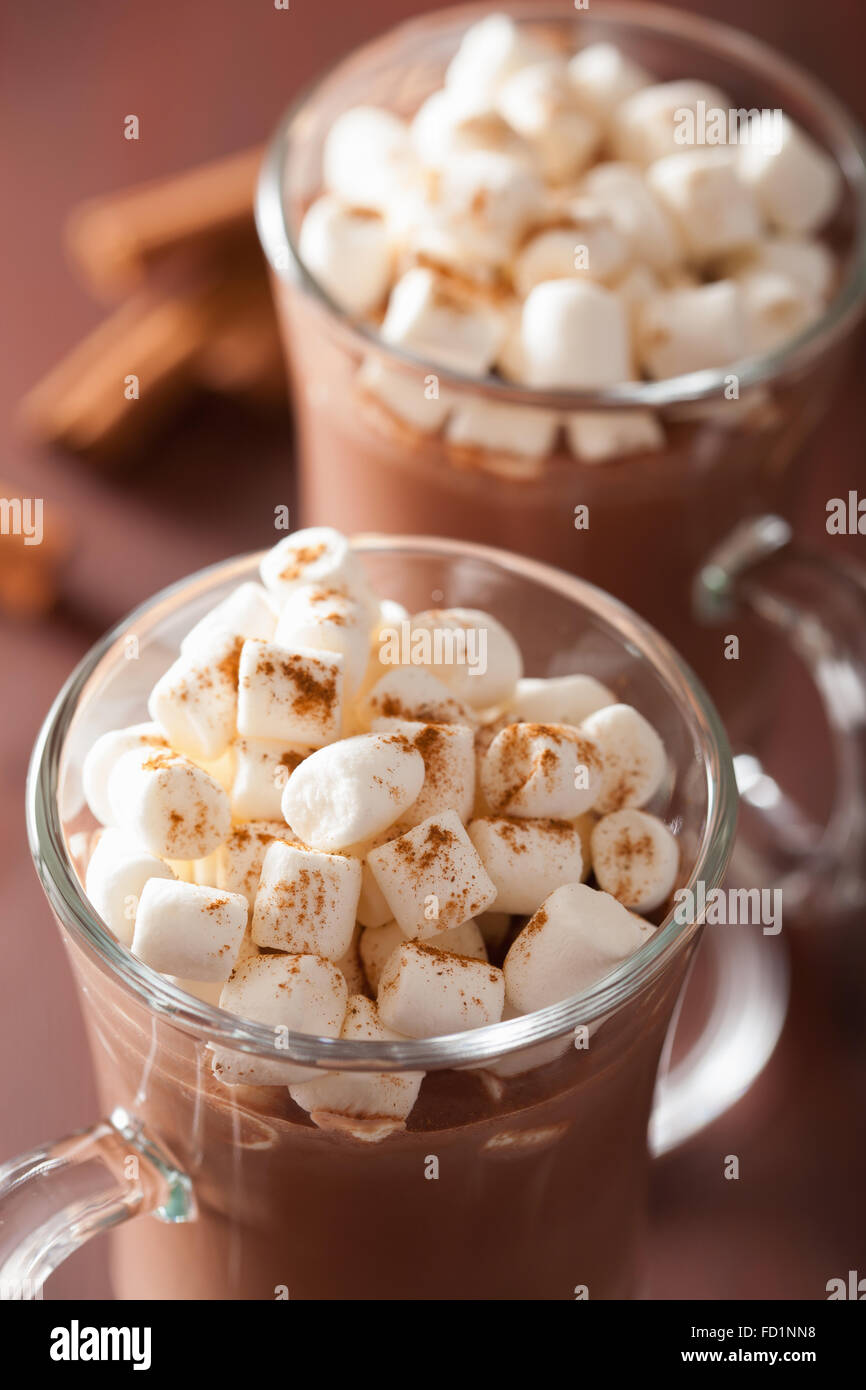 Cioccolata calda con mini marshmallows cannella bevanda invernale Foto Stock