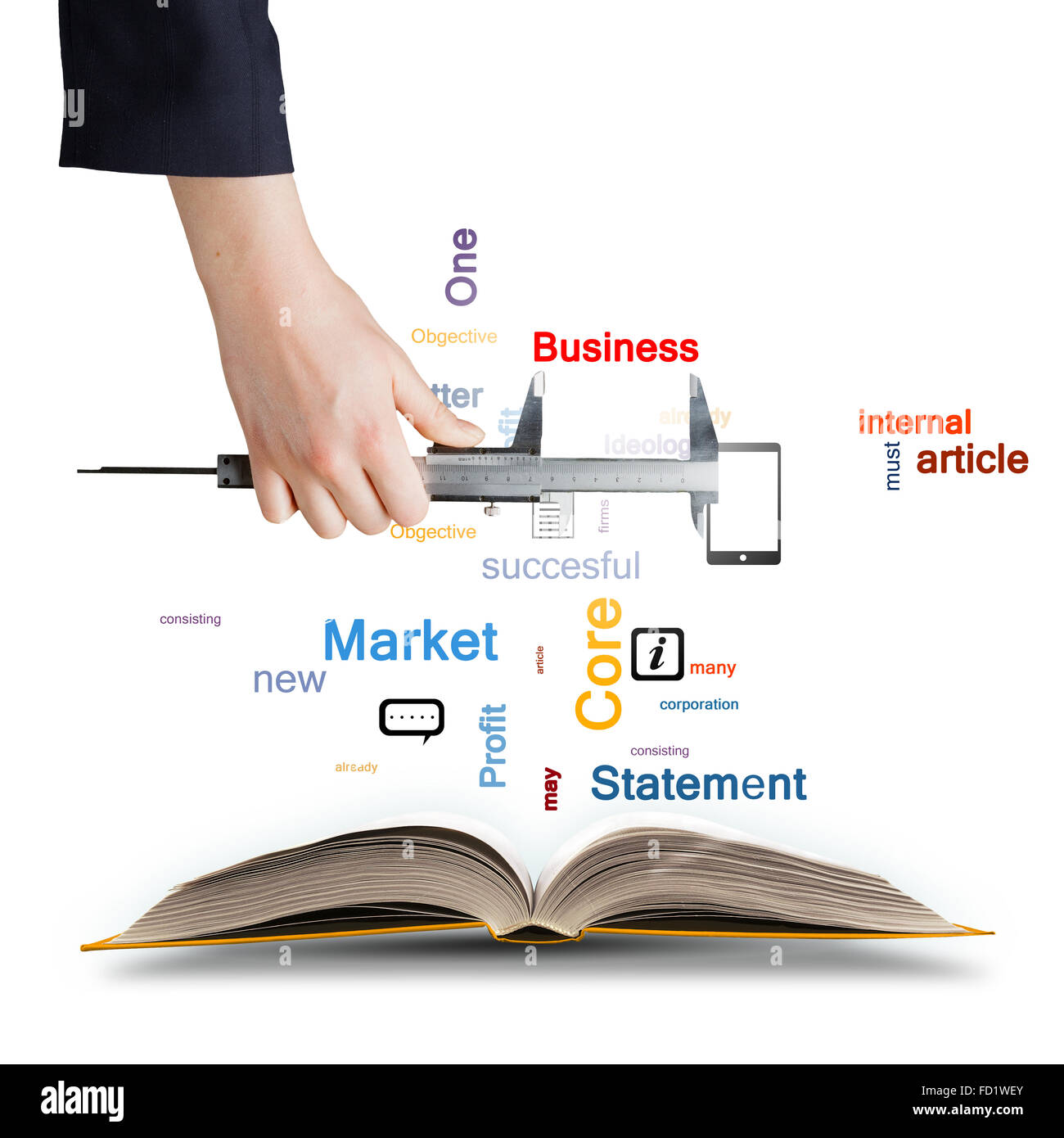 Stretta di mano femmina con righello e libro aperto Foto Stock