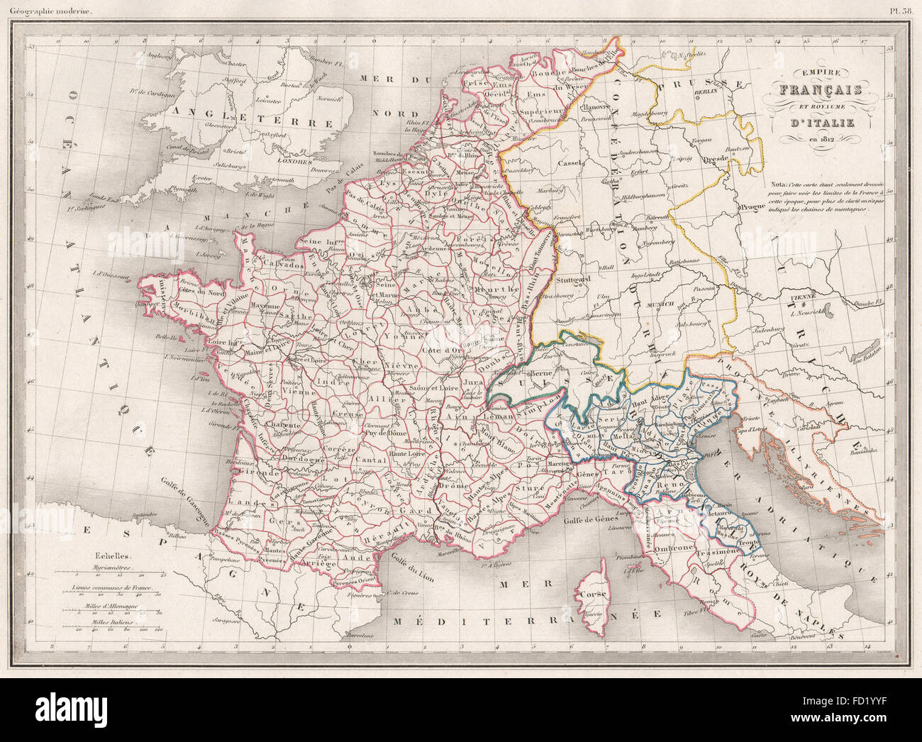 Impero napoleonico 1812 Empire Français & Royaume d'Italie. MALTE-BRUN, c1846 mappa Foto Stock