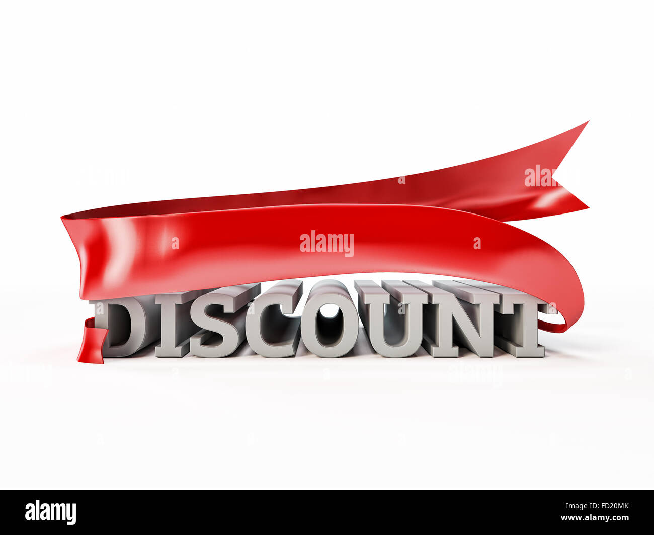 Volume di lettere con la parola 'sconto' e colorato nastro rosso. promozione pubblicitaria illutsration rendering isolato su bianco bac Foto Stock