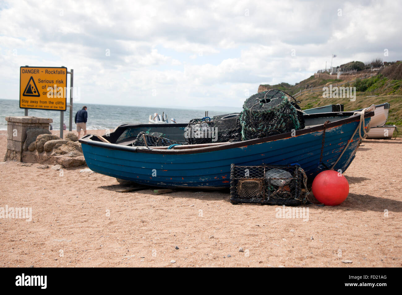 Aragosta barca da pesca, Burton Bradstock beach Foto Stock