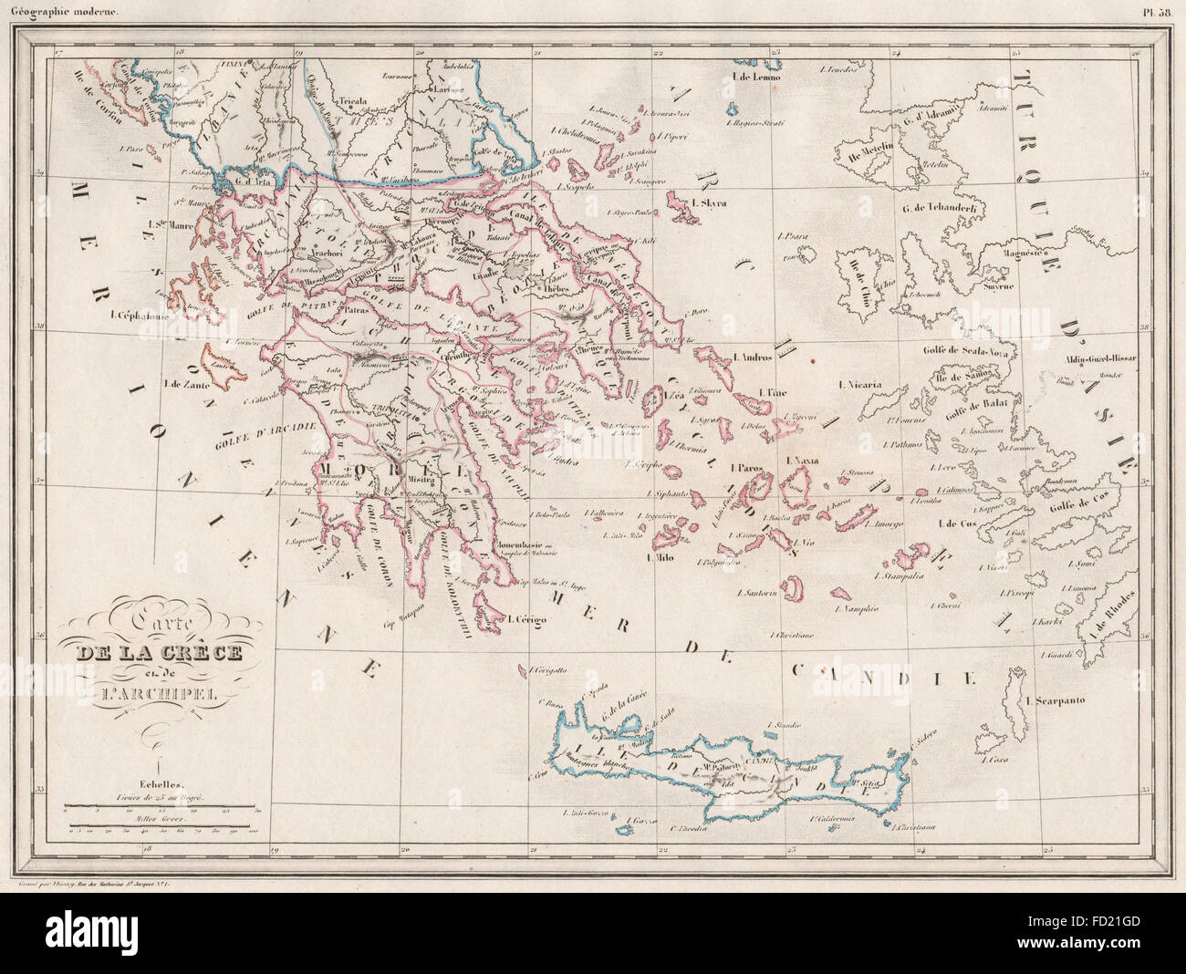 La Grecia. Grèce. Candia (Creta) indipendente. Contorno colore. MALTE-BRUN, c1846 mappa Foto Stock