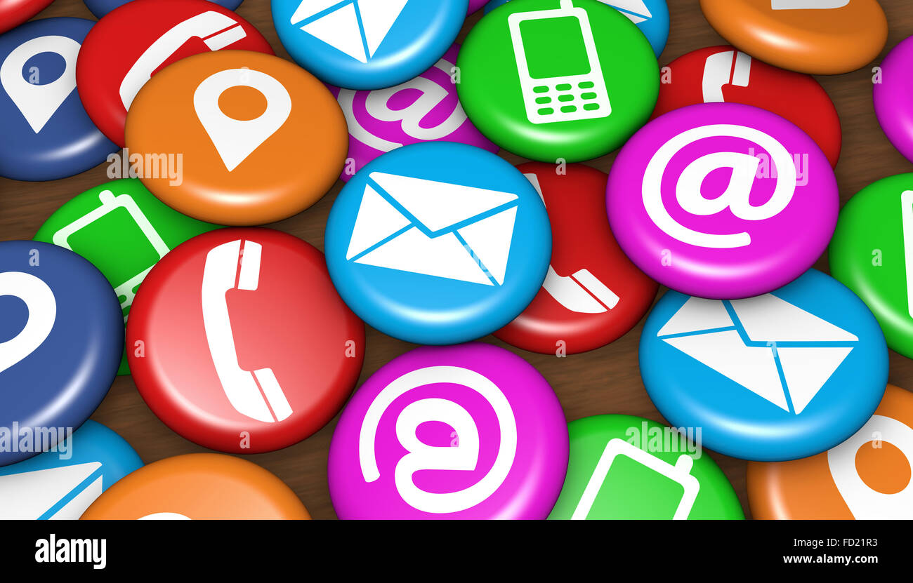 Sito Internet e di concetto con contattaci icone e telefono, ubicazione e la posta elettronica sul simbolo colorato badge sparsi. Foto Stock