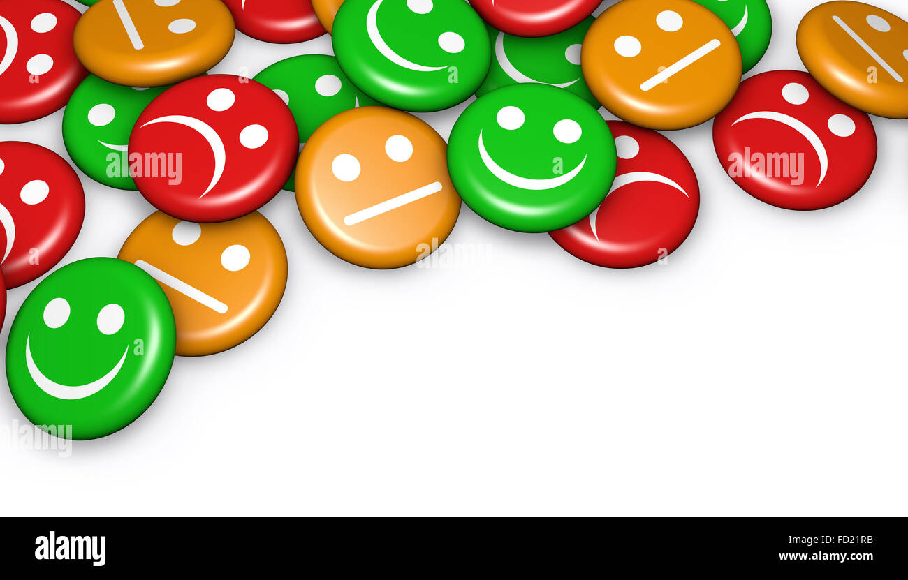Business servizio di qualità il feedback di un cliente, il valore nominale e il sondaggio con felice e non faccia sorridente faccina simbolo e icona sul badge Foto Stock