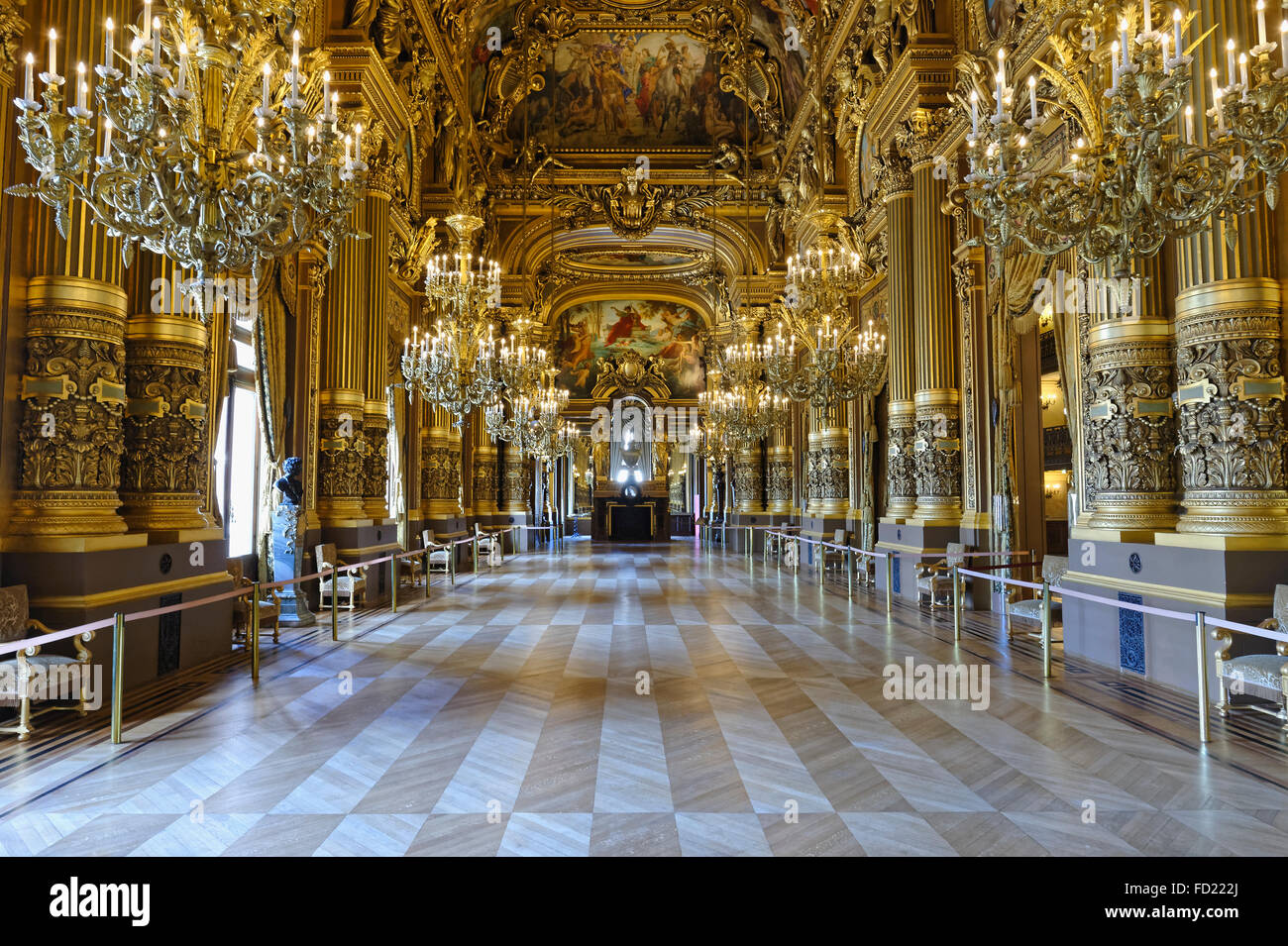Le Grand Foyer con affreschi a soffitto ornato da Paul Baudry, Opera Garnier, Parigi, Francia Foto Stock