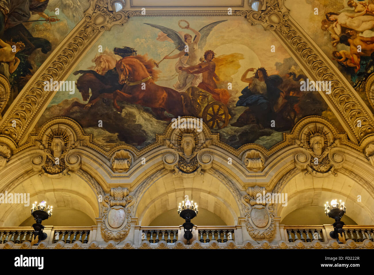 Le Grand Foyer con affreschi a soffitto ornato da Paul Baudry, Opera Garnier, Parigi, Francia Foto Stock