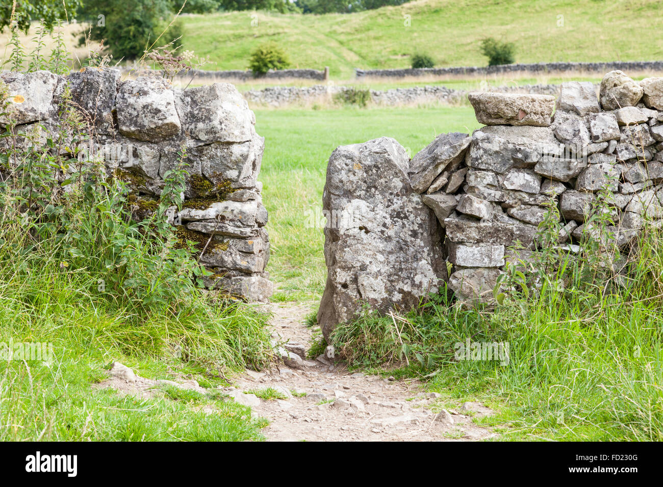 Squeeze stile o stile spremitore, in un secco muro di pietra, Lathkill Dale, Derbyshire, Peak District, England, Regno Unito Foto Stock