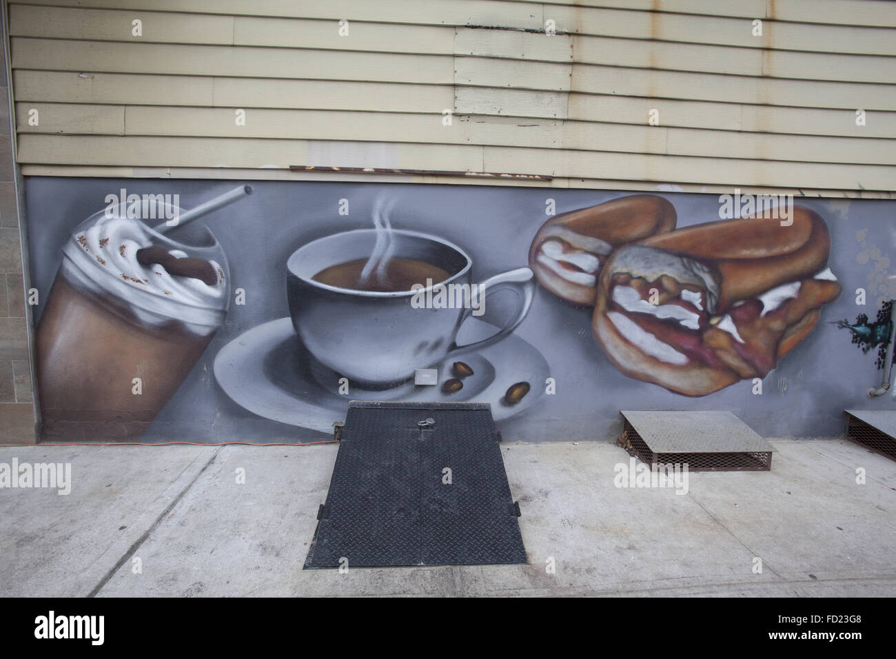 Murale alimentare sul lato di una cena in Williamsburg, Brooklyn, New York. Foto Stock