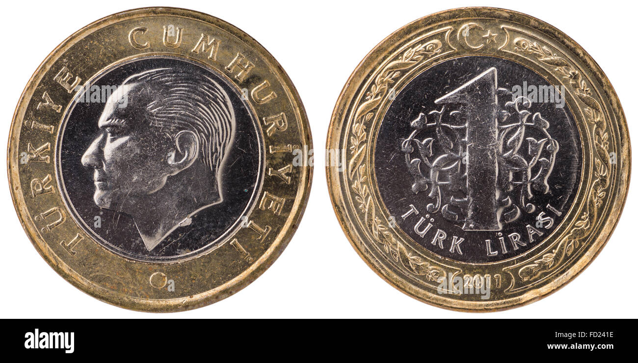 1 lira turca moneta, 2011, entrambi i lati, isolato su sfondo bianco Foto Stock