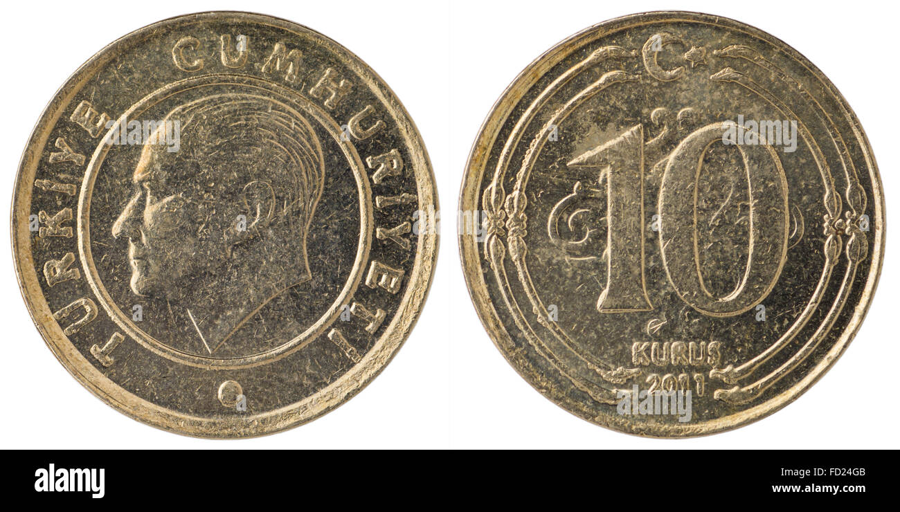 10 Bagno turco kurus coin, 2011, entrambi i lati, isolato su sfondo bianco Foto Stock