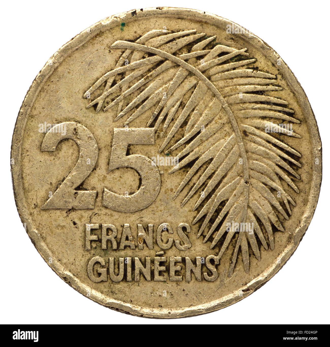 25 franchi guineani coin, 1987, complementare, isolato su sfondo bianco Foto Stock