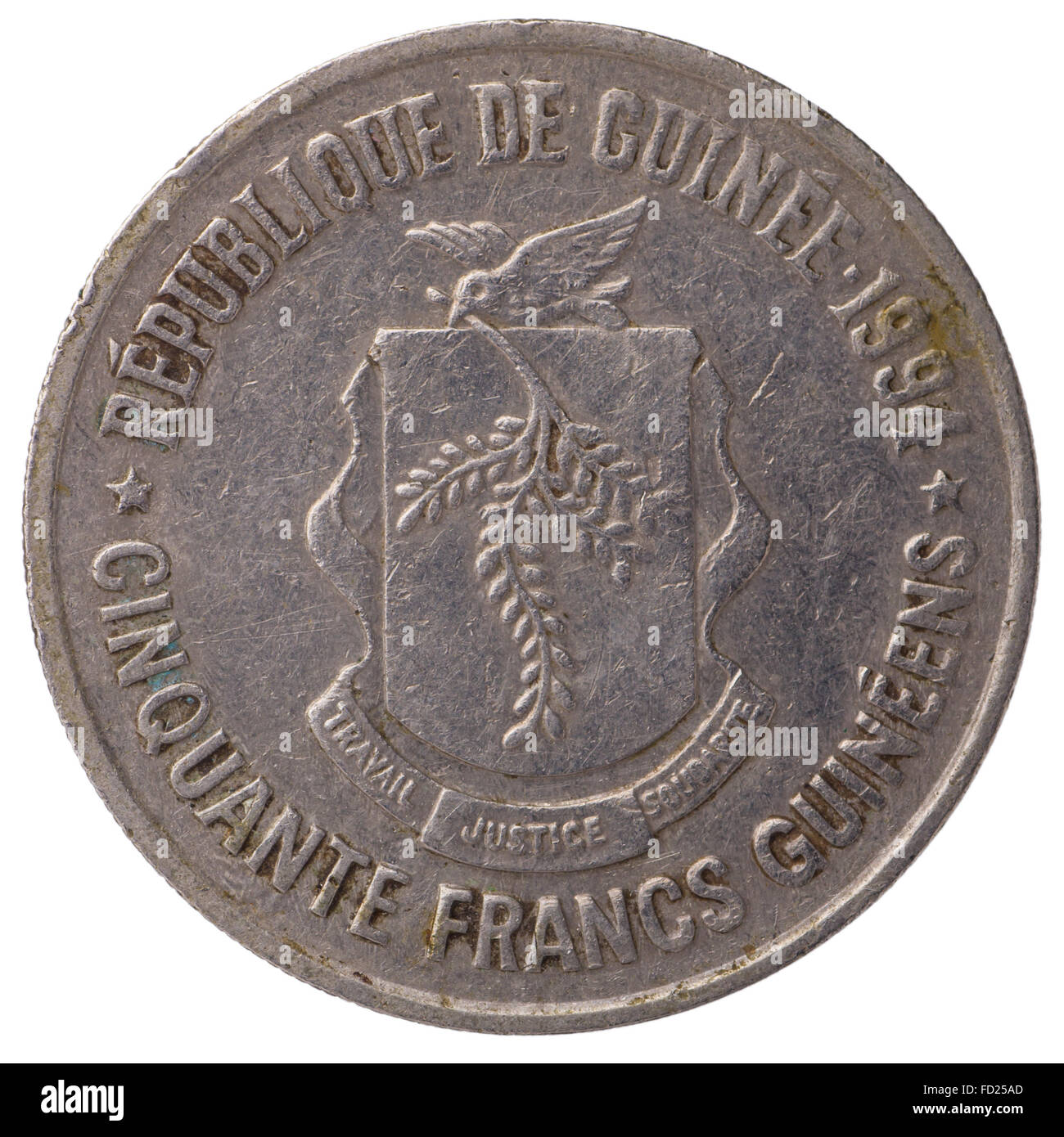 50 franchi guineani coin, 1994, faccia, isolati su sfondo bianco Foto Stock