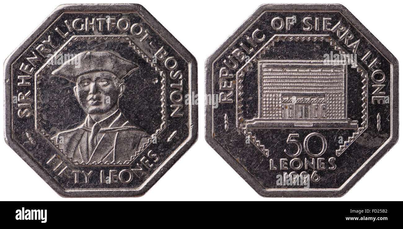 50 della Sierra Leone moneta leones, 1996, entrambi i lati, isolato su sfondo bianco Foto Stock
