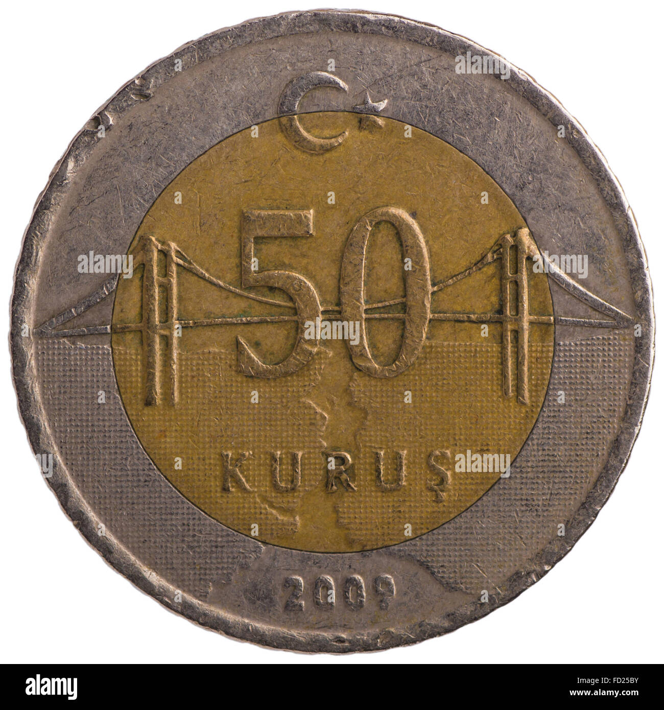 50 Bagno turco kurus coin, 2009, torna, isolato su sfondo bianco Foto Stock