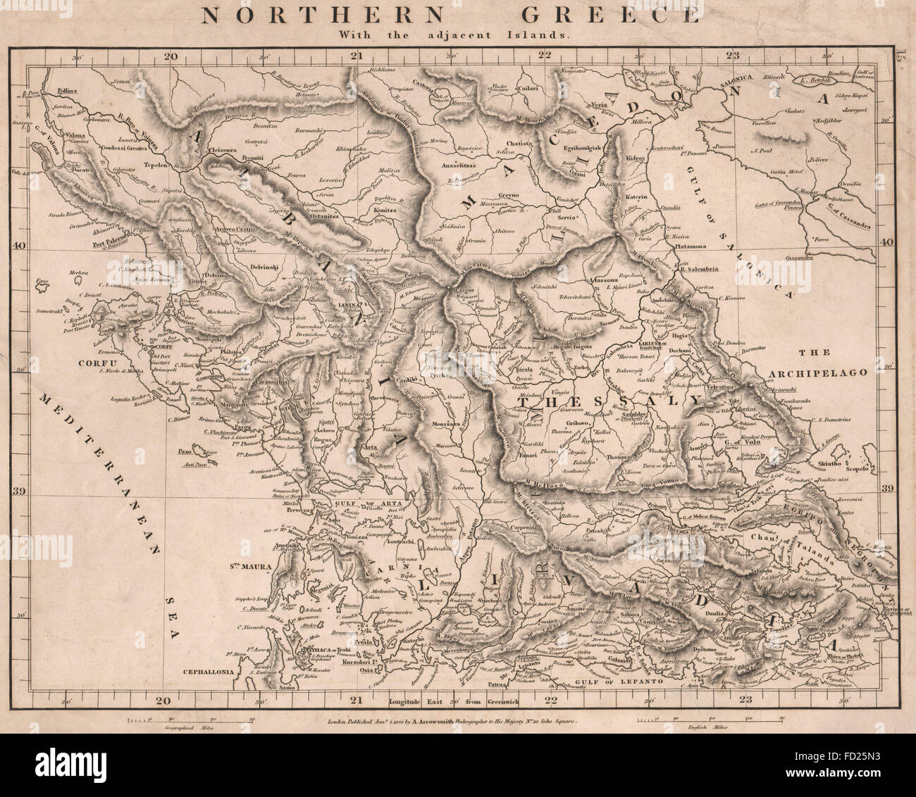 La Grecia settentrionale: Macedonia Albania Tessaglia Livadia Cephallonia Corfù, 1828 Mappa Foto Stock