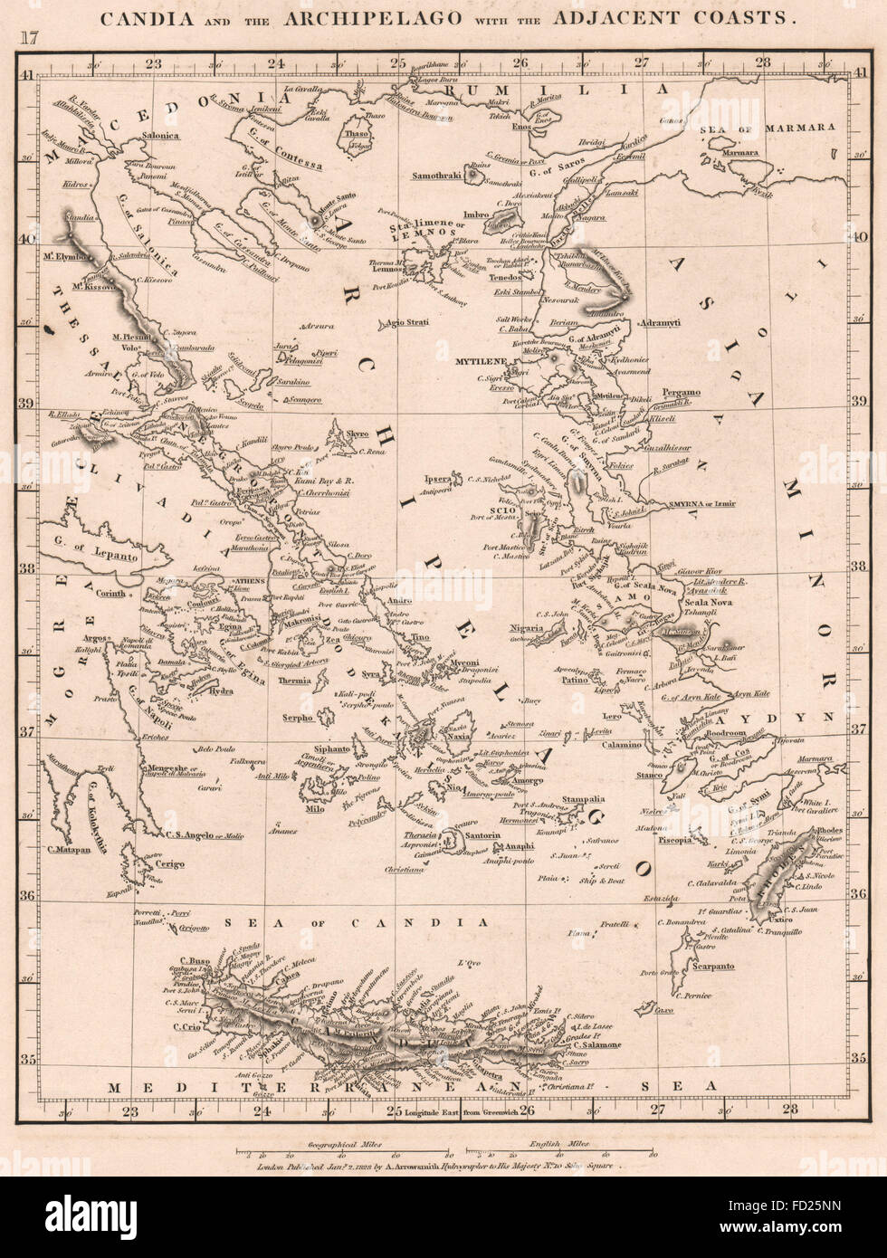 La Grecia e le isole del mar Egeo: Creta Cicladi Dodecanneso Sporadi. ARROWSMITH 1828 mappa Foto Stock