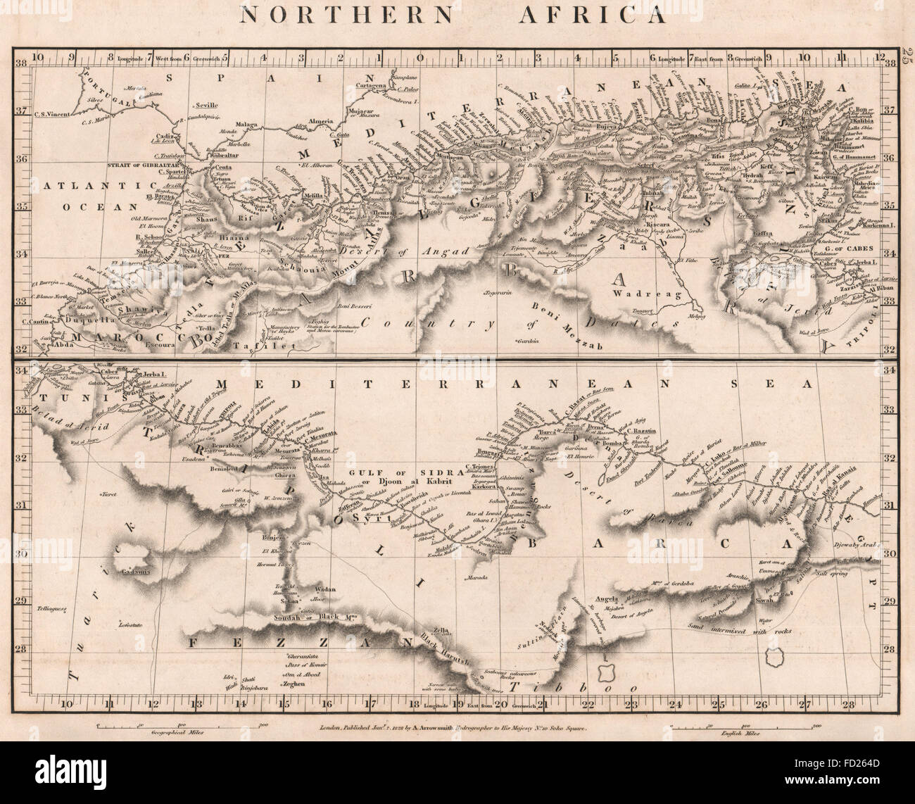 AFRICA SETTENTRIONALE:Maghreb.Marocco Algeri Tunisi Tripoli Barca.ARROWSMITH, 1828 Mappa Foto Stock