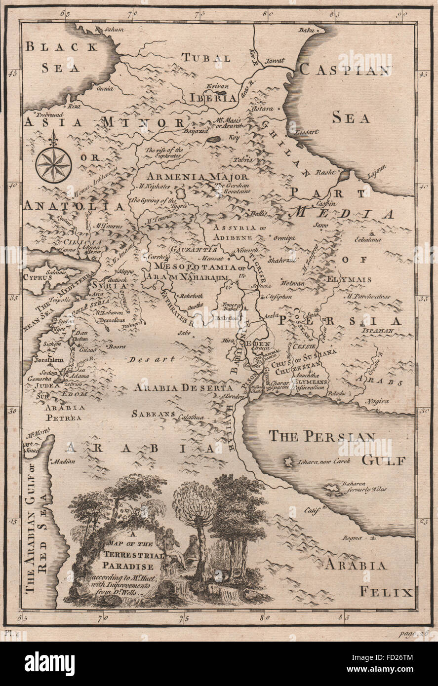 Una mappa del paradiso terrestre: Medio Oriente. La bibbia. Eden. HINTON, 1752 Foto Stock