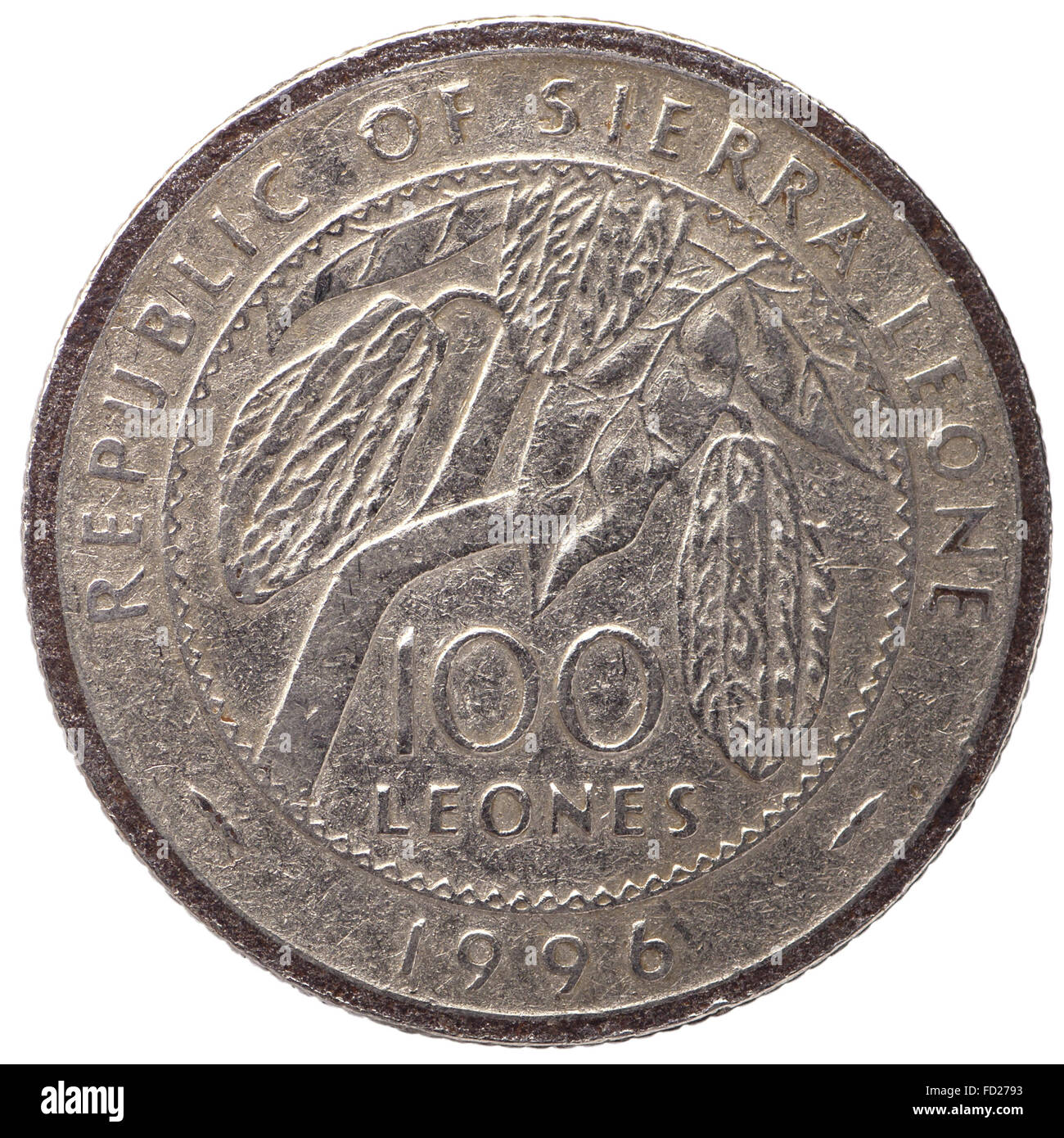 100 della Sierra Leone moneta leones, 1996, retromarcia, coin isolati su sfondo bianco Foto Stock