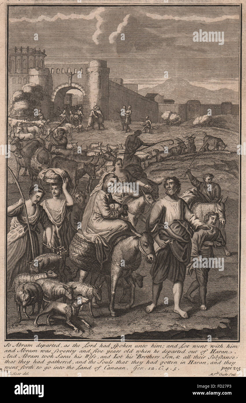 La Bibbia - Genesi 12:4-5 e uscì per andare nel paese di Canaan, 1752 Foto Stock