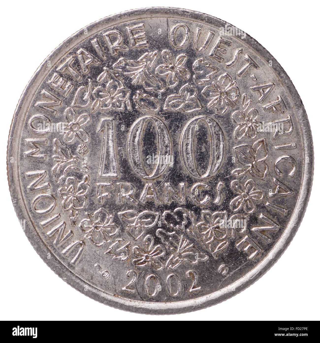 100 West African franchi CFA coin, 2002, indietro, isolati su sfondo bianco Foto Stock