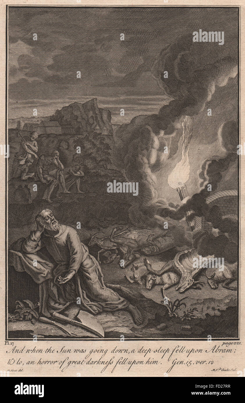 La Bibbia - Genesi 15:12 un torpore cadde su Abram, antica stampa 1752 Foto Stock