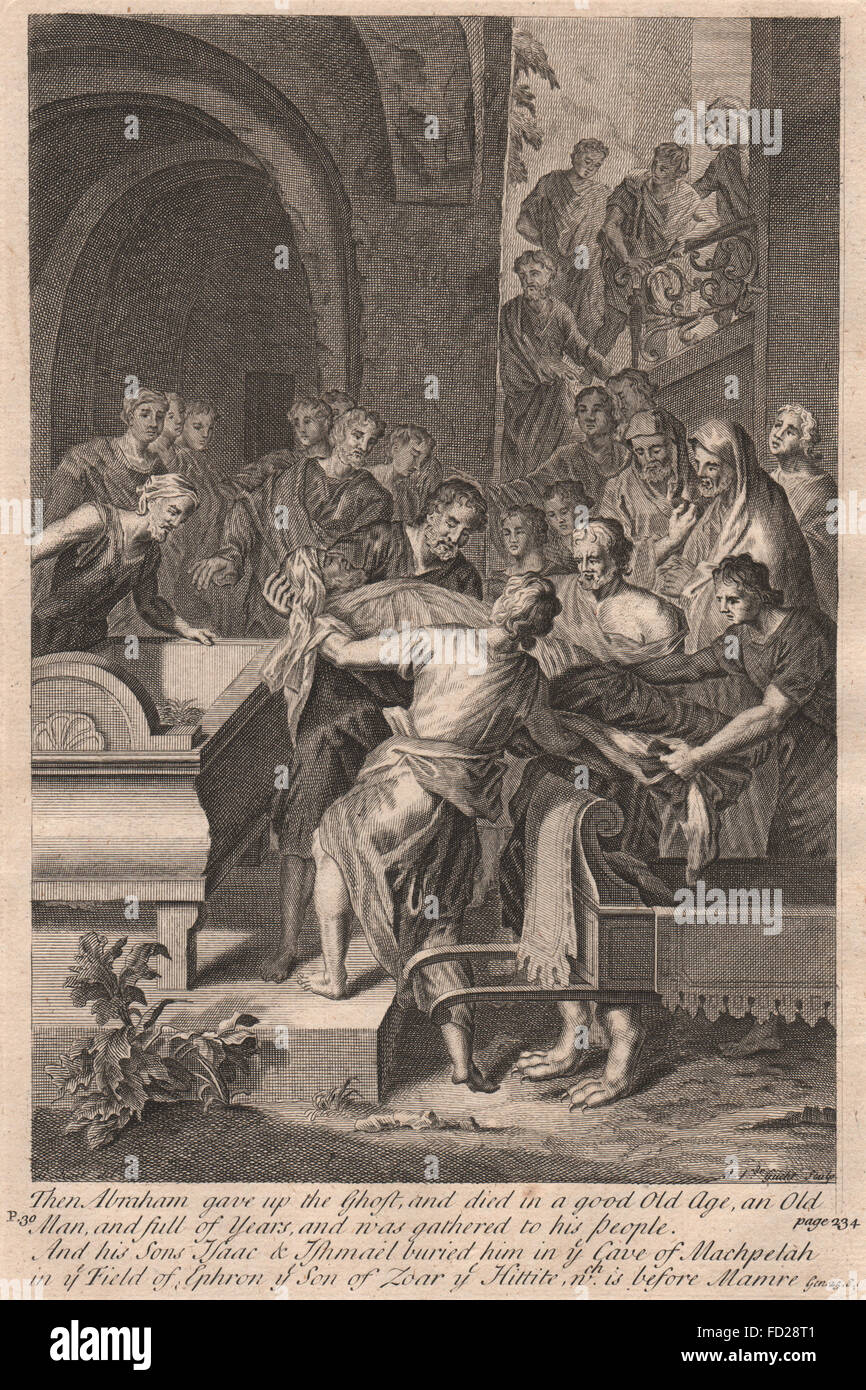 La Bibbia - Genesi 25:8-9 Poi Abramo spirò, antica stampa 1752 Foto Stock