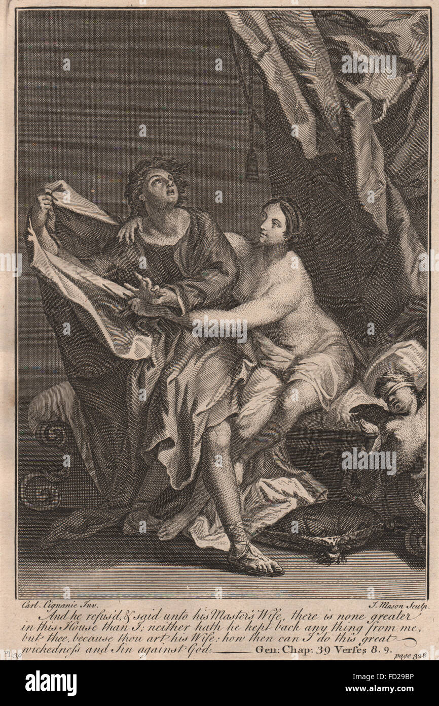 La Bibbia - Genesi 39:8-9 egli refus'd, e disse alla moglie del suo padrone, stampa 1752 Foto Stock