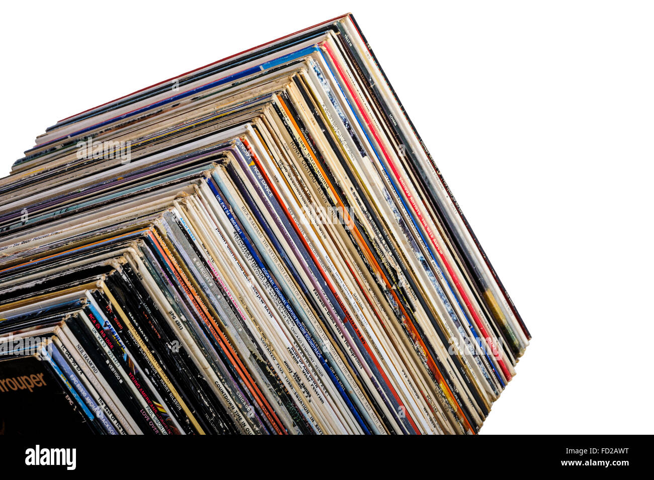 Una fila di long playing album in vinile, girato l'angolo. Foto Stock