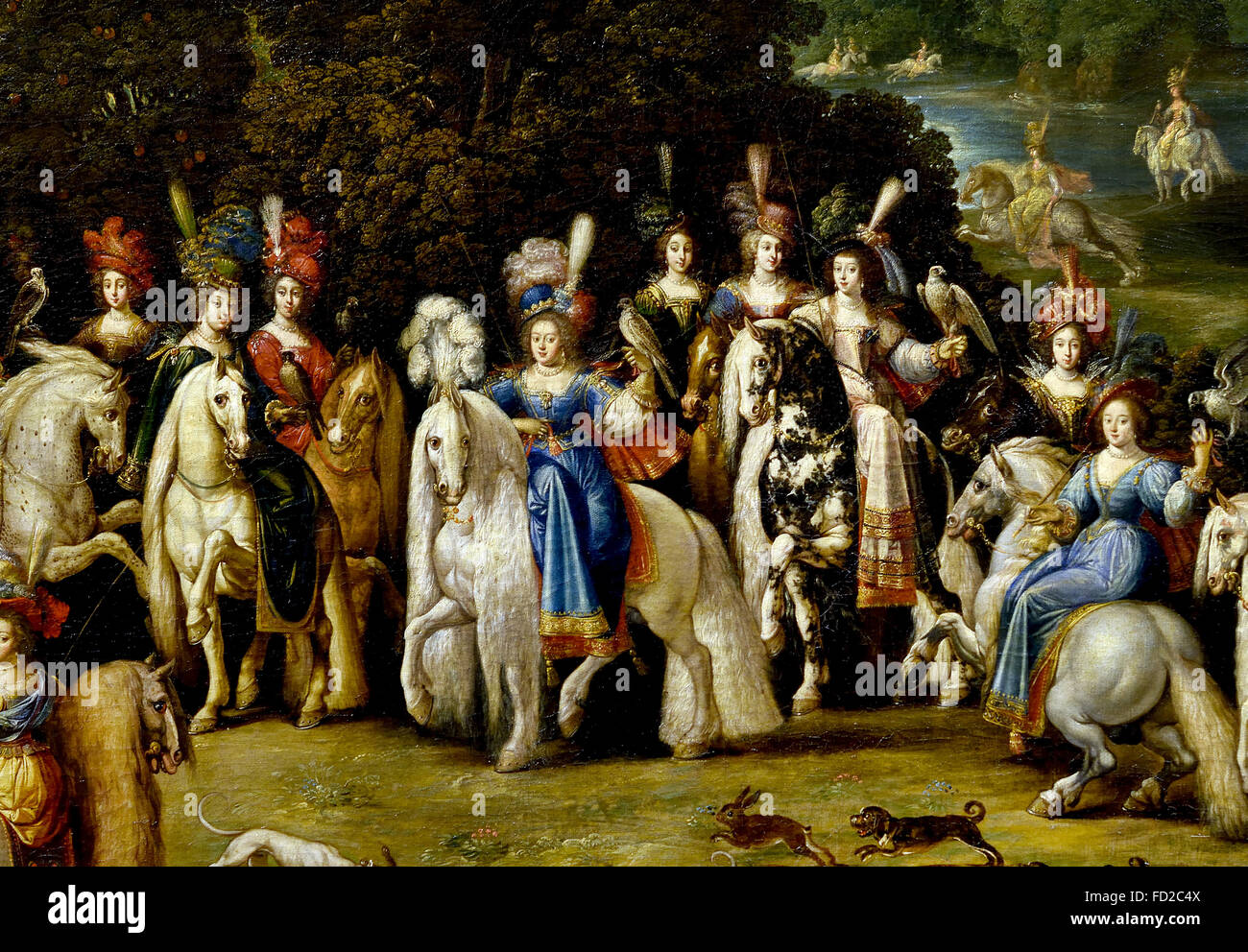 Destinato a decorare l'ufficio della regina Anna d'Austria, castello di Richelieu Deruet 1588-1660 Francia francese ( l'aria (o "Autunno"). Questo è il primo dipinto nella serie, acquisita da Richelieu, gli altri tre venne poi completata. Esso rappresenta la Duchessa di Lorena accompagnata dalla corte ladies durante una battuta di caccia di Falcon. È il solo che non è consacrato alla gloria della famiglia reale. ) Foto Stock