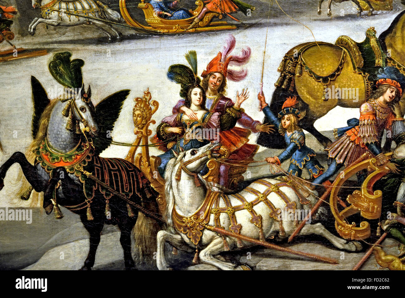 Claude Deruet (1588-1660) La quarta tela, acqua (o 'invernali') mostra acqua nel suo liquido due aspetti e solido (neve e ghiaccio). La famiglia reale che arriva in una sontuosa cerimonia navata, è accolto dal cardinale. Molte coppie giovani aristocratici godere i piaceri dell'inverno; due slitte rovesciato mettere alcune giovani donne in posizioni infelici. Francia - Francese Foto Stock