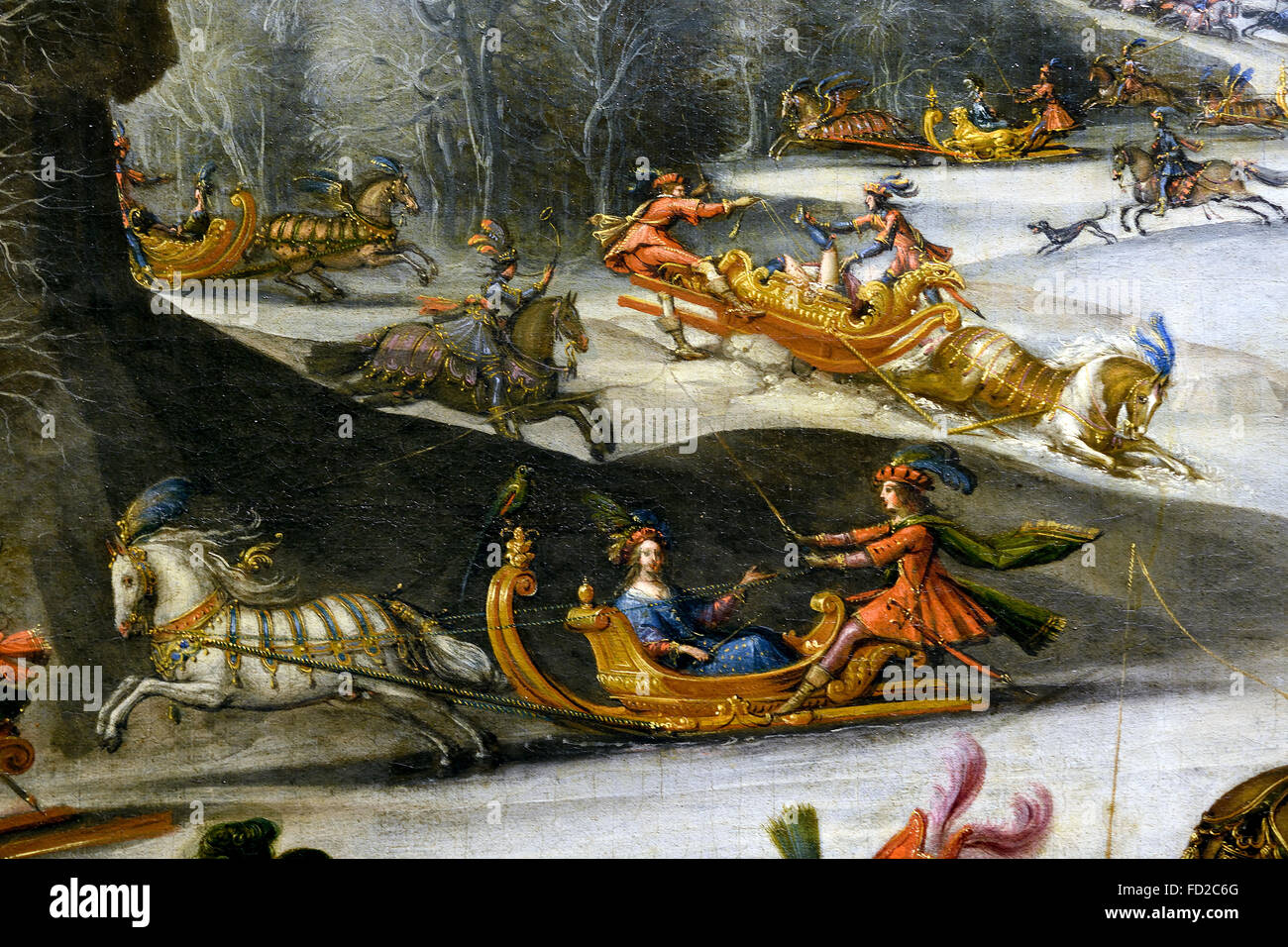 Claude Deruet (1588-1660) La quarta tela, acqua (o 'invernali') mostra acqua nel suo liquido due aspetti e solido (neve e ghiaccio). La famiglia reale che arriva in una sontuosa cerimonia navata, è accolto dal cardinale. Molte coppie giovani aristocratici godere i piaceri dell'inverno; due slitte rovesciato mettere alcune giovani donne in posizioni infelici. Francia - Francese Foto Stock