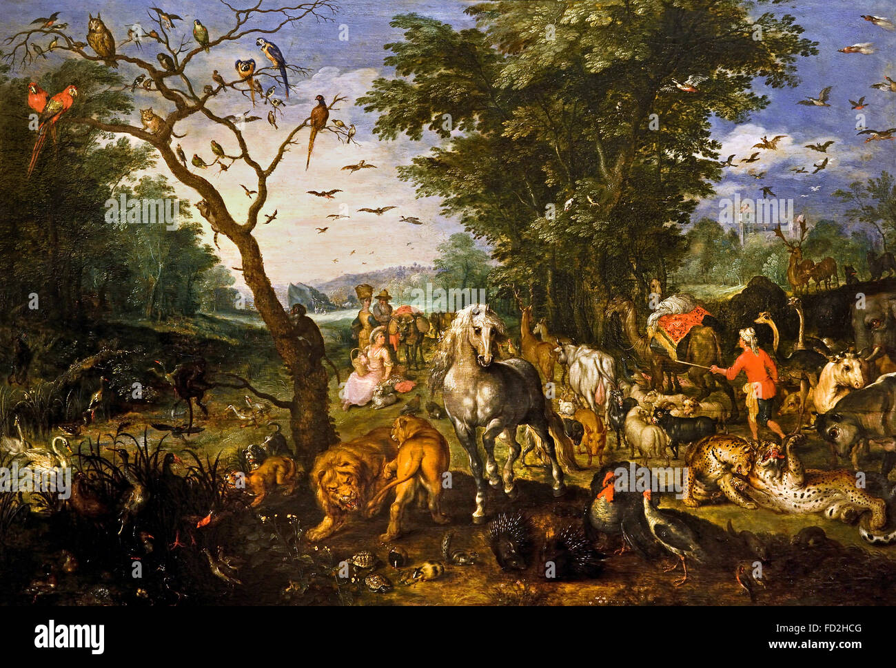 Imbarco Animali dell'arca di Noè di Jan II Brueghel 1601-78 Belgio fiammingo Noè un patriarca biblico che costruì un'arca per salvare ogni tipo di animale dalla Grande alluvione. La narrazione delle alluvioni della Genesi è tra le storie più conosciute della Bibbia. Foto Stock