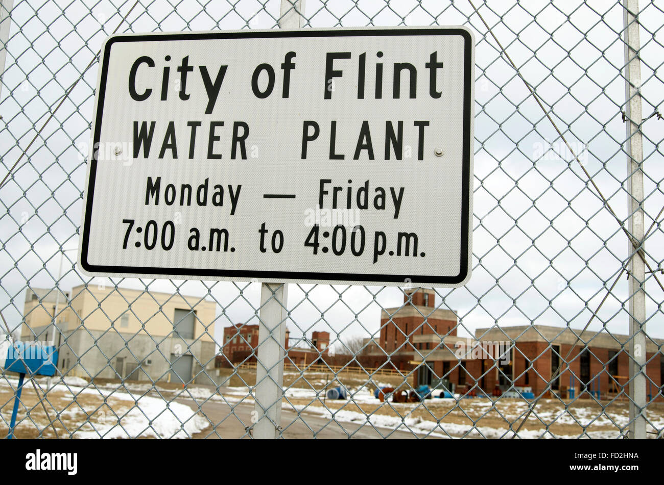 Città di Pietra Focaia Impianto Acqua segno di Flint, Michigan STATI UNITI 2016 Foto Stock