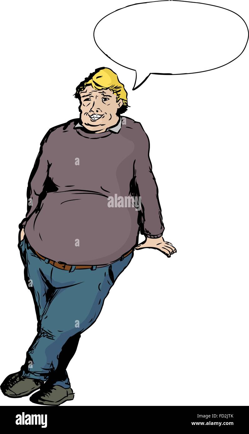 Solo ridere bionda paffuto uomo maturo pendente isolato su sfondo bianco con bolla di word Illustrazione Vettoriale