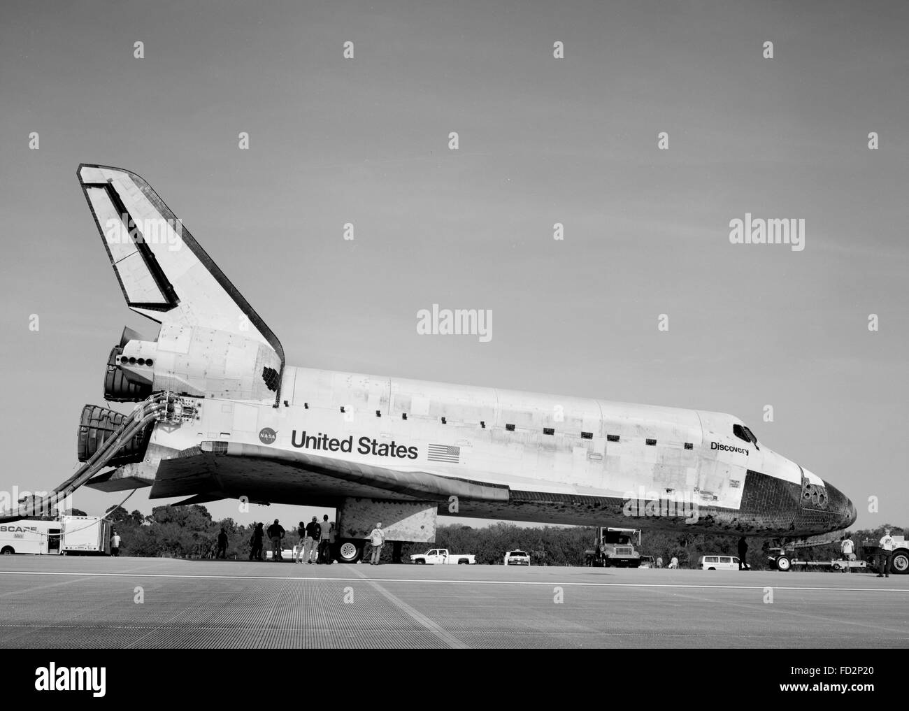 Orbiter scoperta sulla pista 33 presso il Kennedy Space Center in fase di post elaborazione di volo dopo una missione spaziale, Florida, Stati Uniti d'America. Foto Stock
