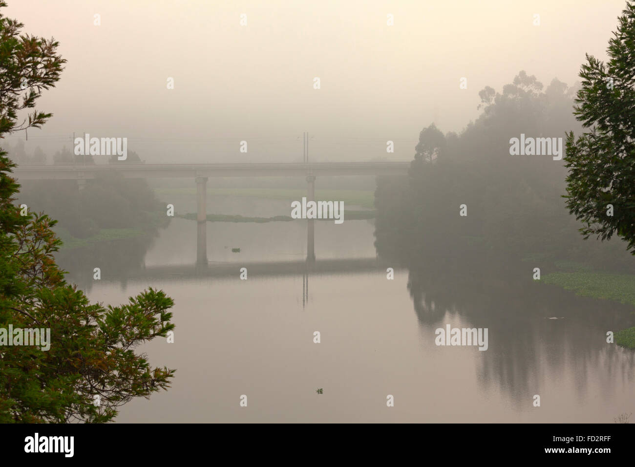 Ponte ferroviario che attraversa il rio ave a Povoa de Varzim, Portogallo Foto Stock