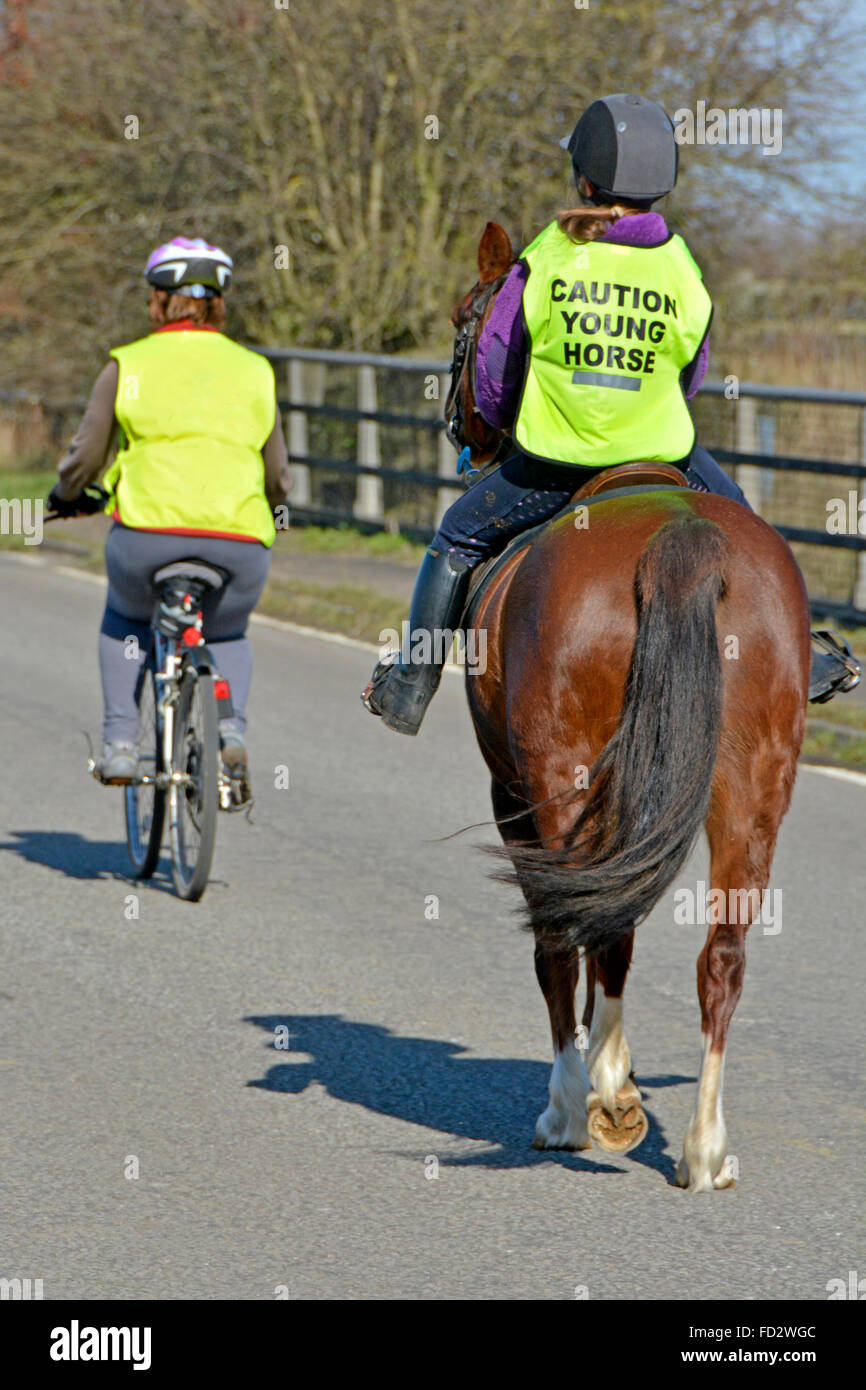 Giovani cavallo e cavaliere indossa alta vis giubbotto di messaggio con il compagno del ciclo di equitazione lungo il paese ponte di corsia Foto Stock