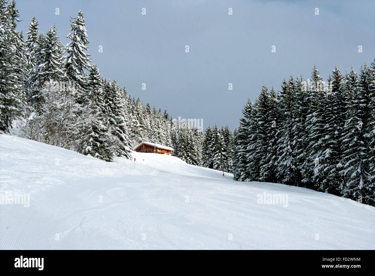 Rifugio sulla red valley pendenza di Mont-Chéry a Les Gets, una stazione sciistica di Portes du Soleil, Francia Foto Stock