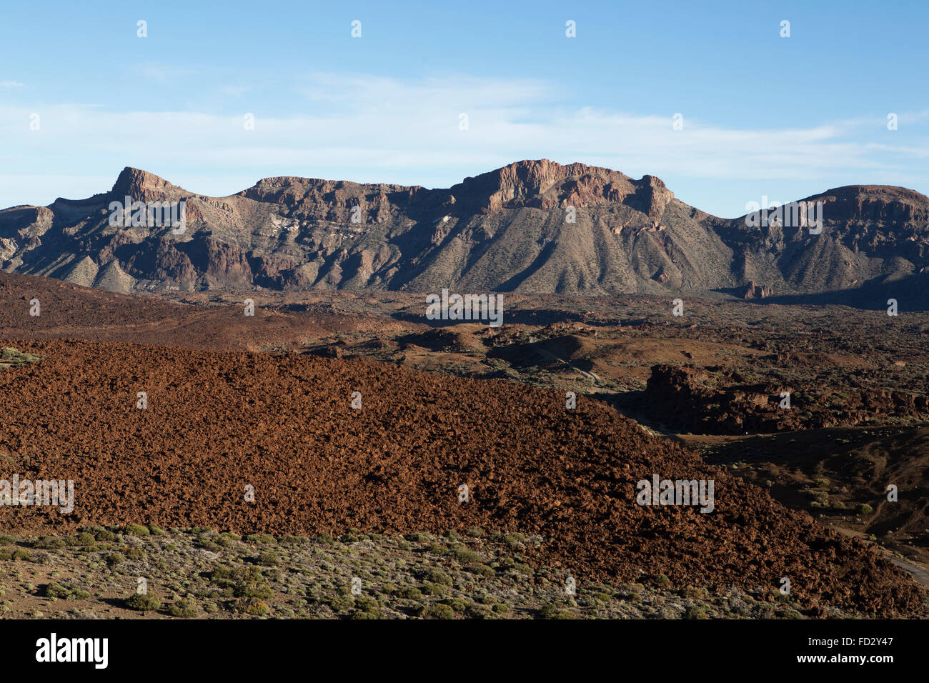 Il paesaggio arido all'interno della Caldera de Las Cañadas nel Parco Nazionale del Teide Tenerife, Spagna. La roccia vulcanica costituisce la superficie Foto Stock
