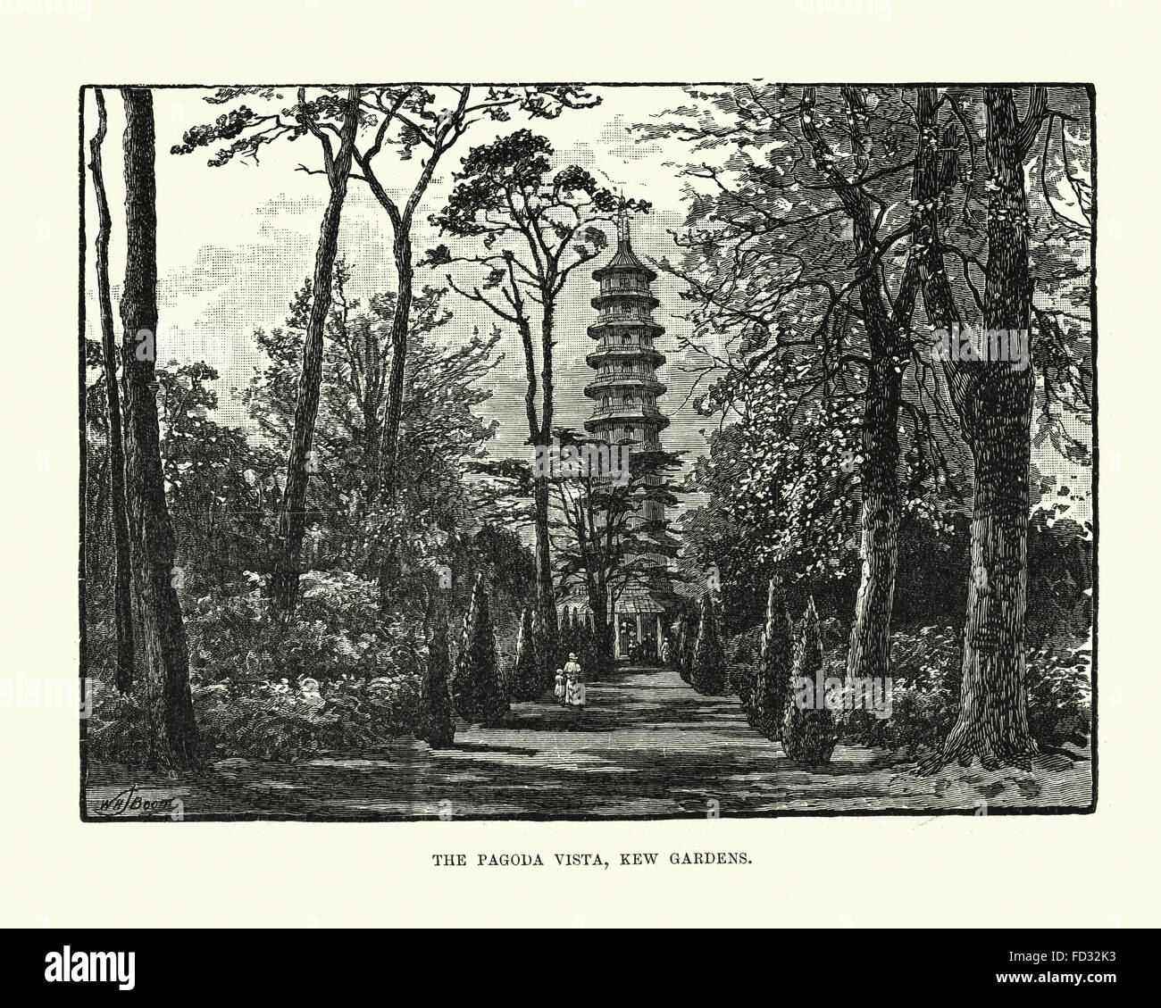Vintage incisione di Torre Pagoda a Kew Gardens, Londra, Inghilterra. 1893. Foto Stock